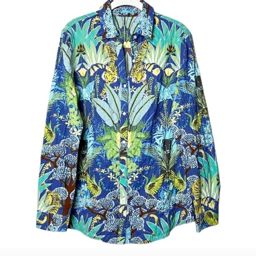 J. McLaughlin Lois jungle floral button down shirt top blouse blue leopard tiger